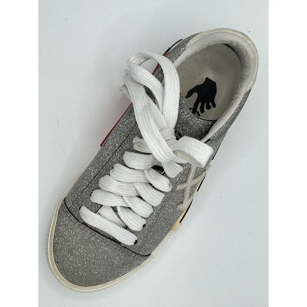 Off-White‎ Kids Low Vulcanized Silver Glitter Sneakers Zip Tie Shoes